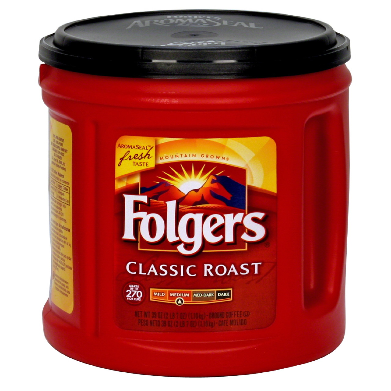 folgers coffee plastic canister with red yellow and nwvy blue colimbian sun/andes mountains themed logo